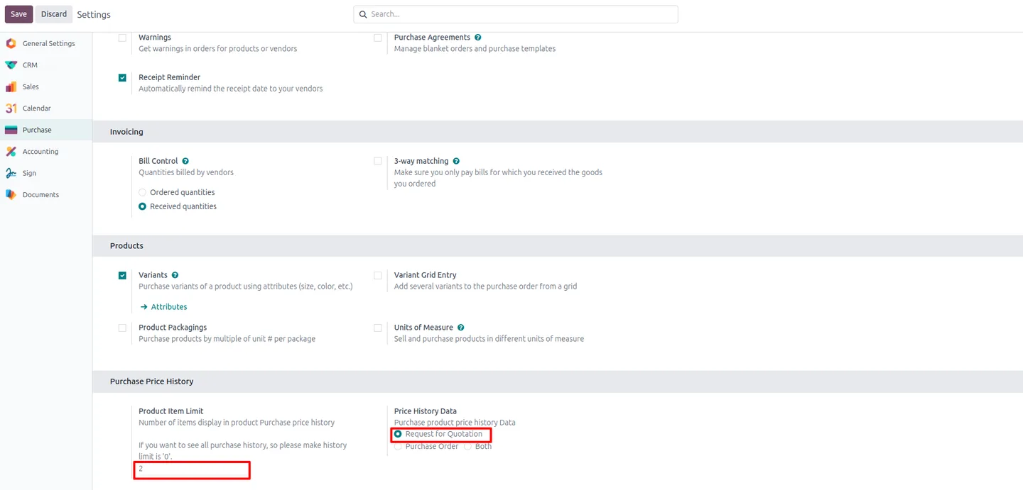 Purchase configuration set to a two-item limit with Request for Quotation as the source