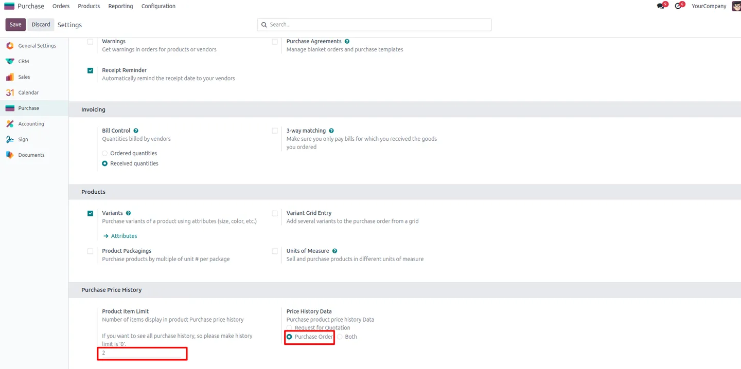 Purchase configuration set to a two-item limit with Purchase Order as the history source