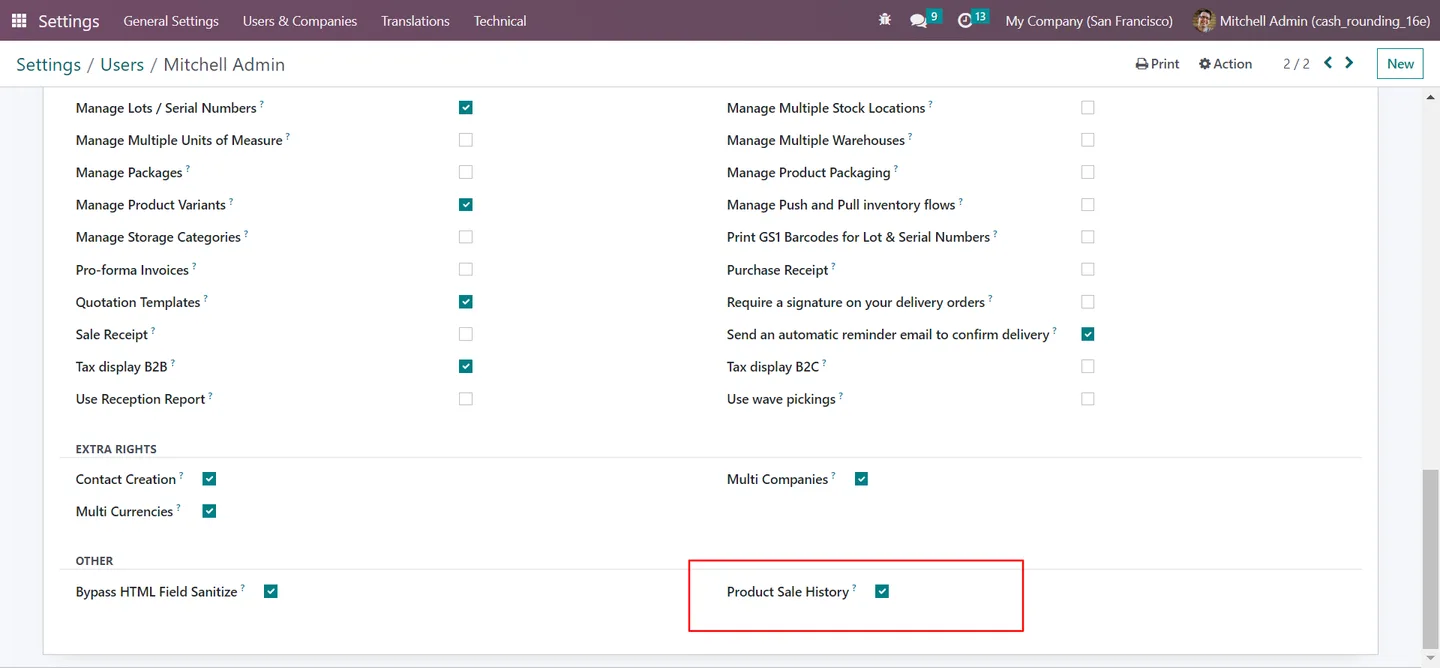 User configuration enabling the Product sale history feature in Odoo Settings