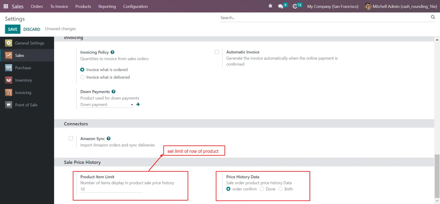 Sales configuration with Product Item Limit and Price History Data options in Odoo
