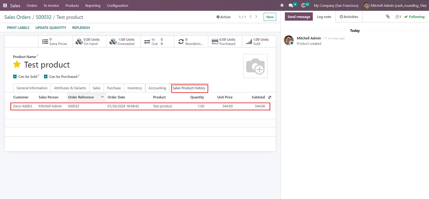 Sales product history tab on a product showing past quotations and orders