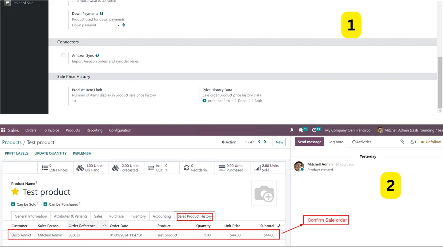 Confirmed sale order pricing shown in the Product Sale Price History tab