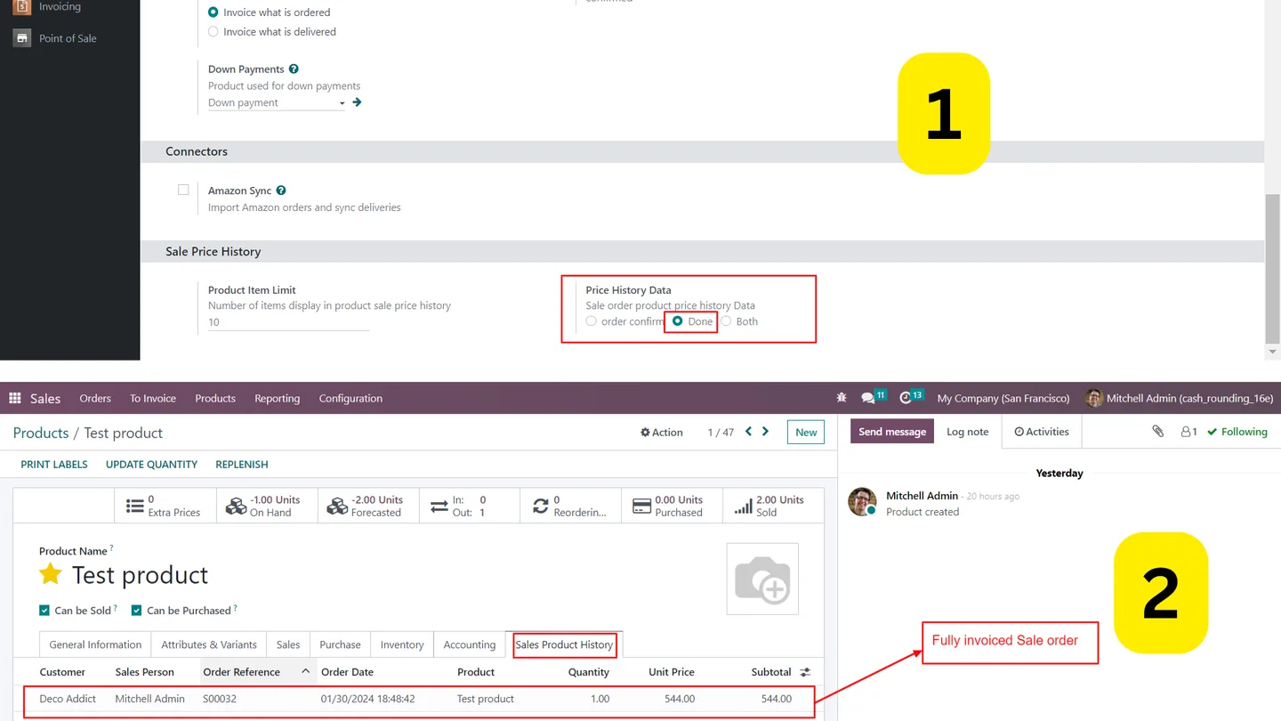 Fully invoiced sale orders filter applied in the Product Sale Price History tab