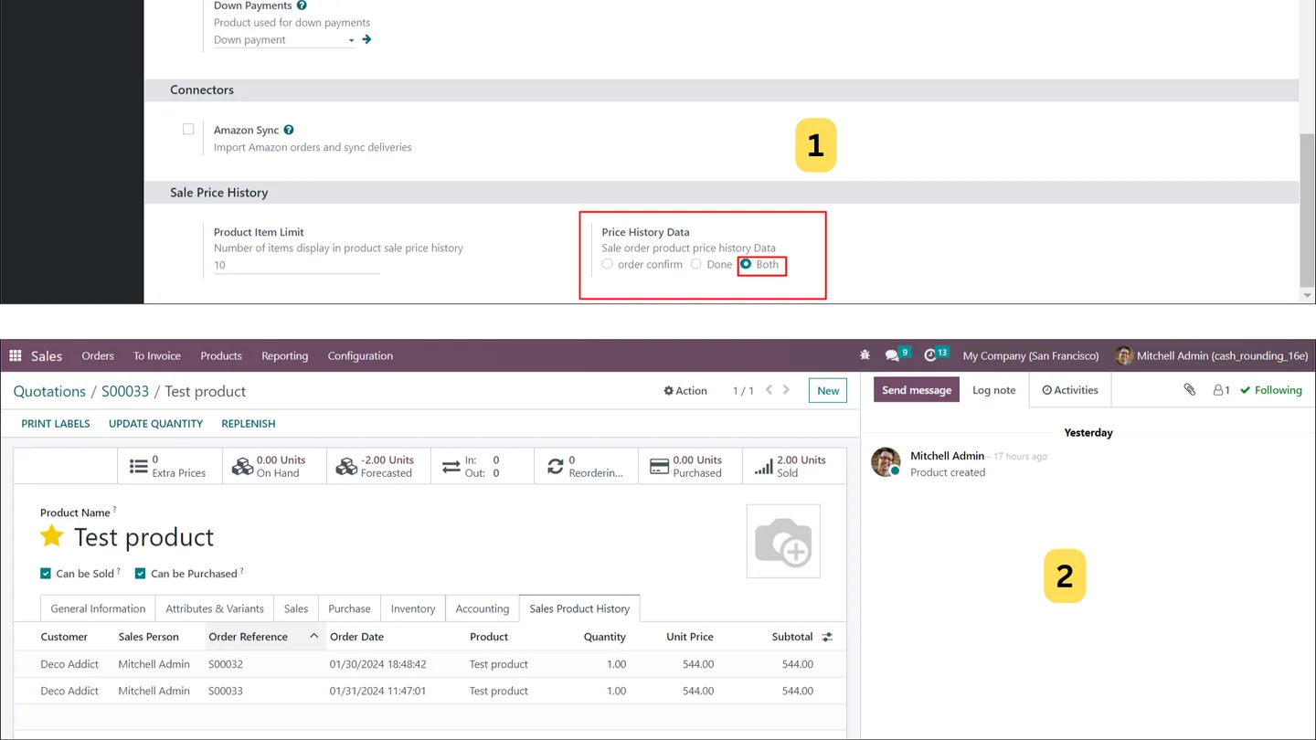 Combined confirmed and invoiced history visible on an Odoo product record