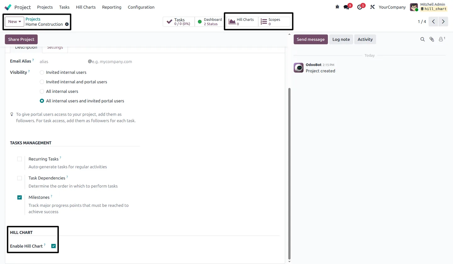 Odoo project settings with the Enable Hill Chart option ticked and the Hill Charts and Scopes counters on the project