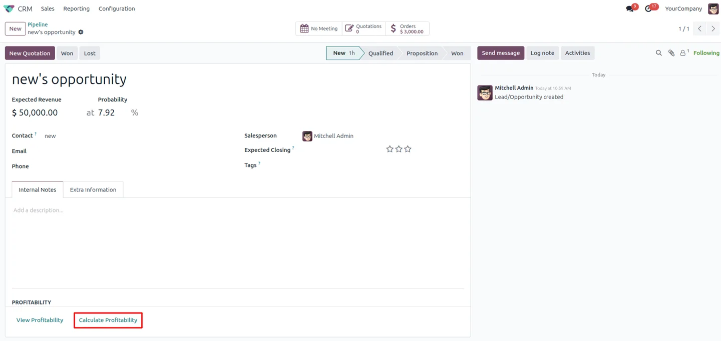 Project Profitability calculating profit on an Odoo CRM lead