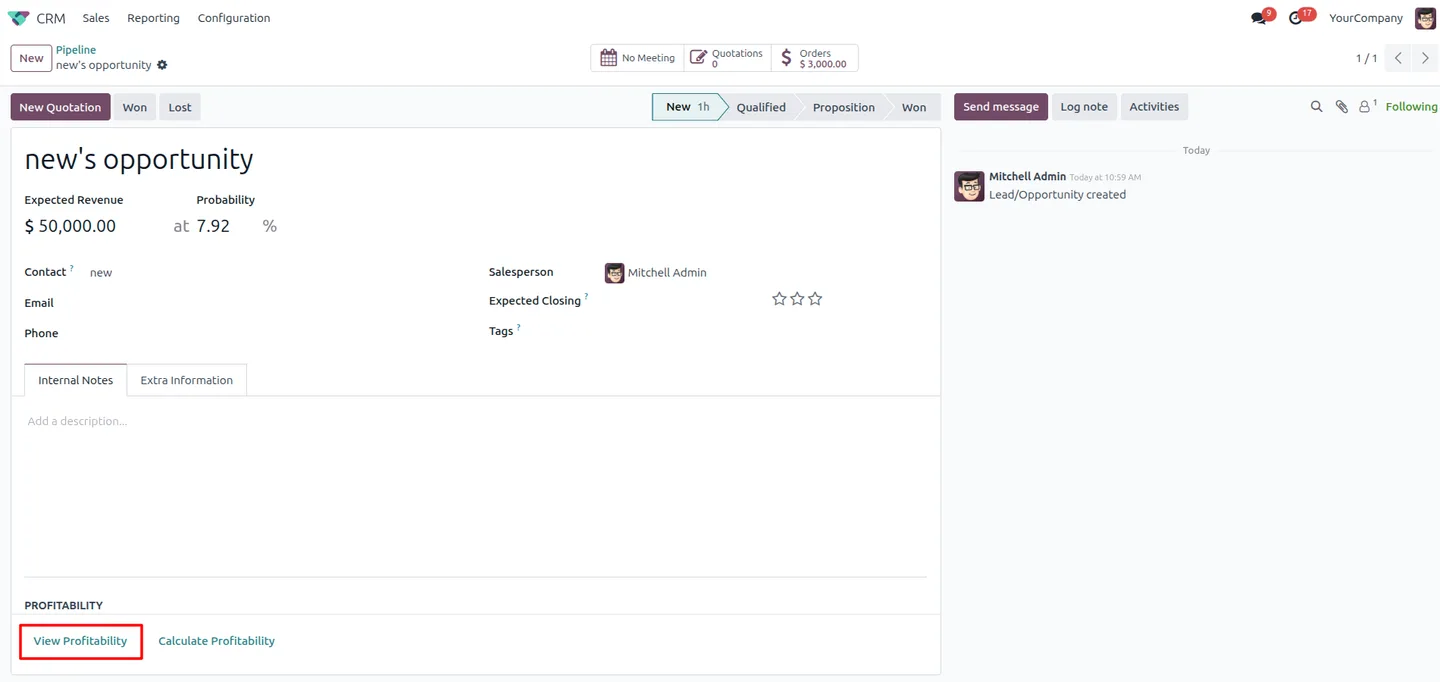 Viewing saved lead profitability calculations from an Odoo opportunity