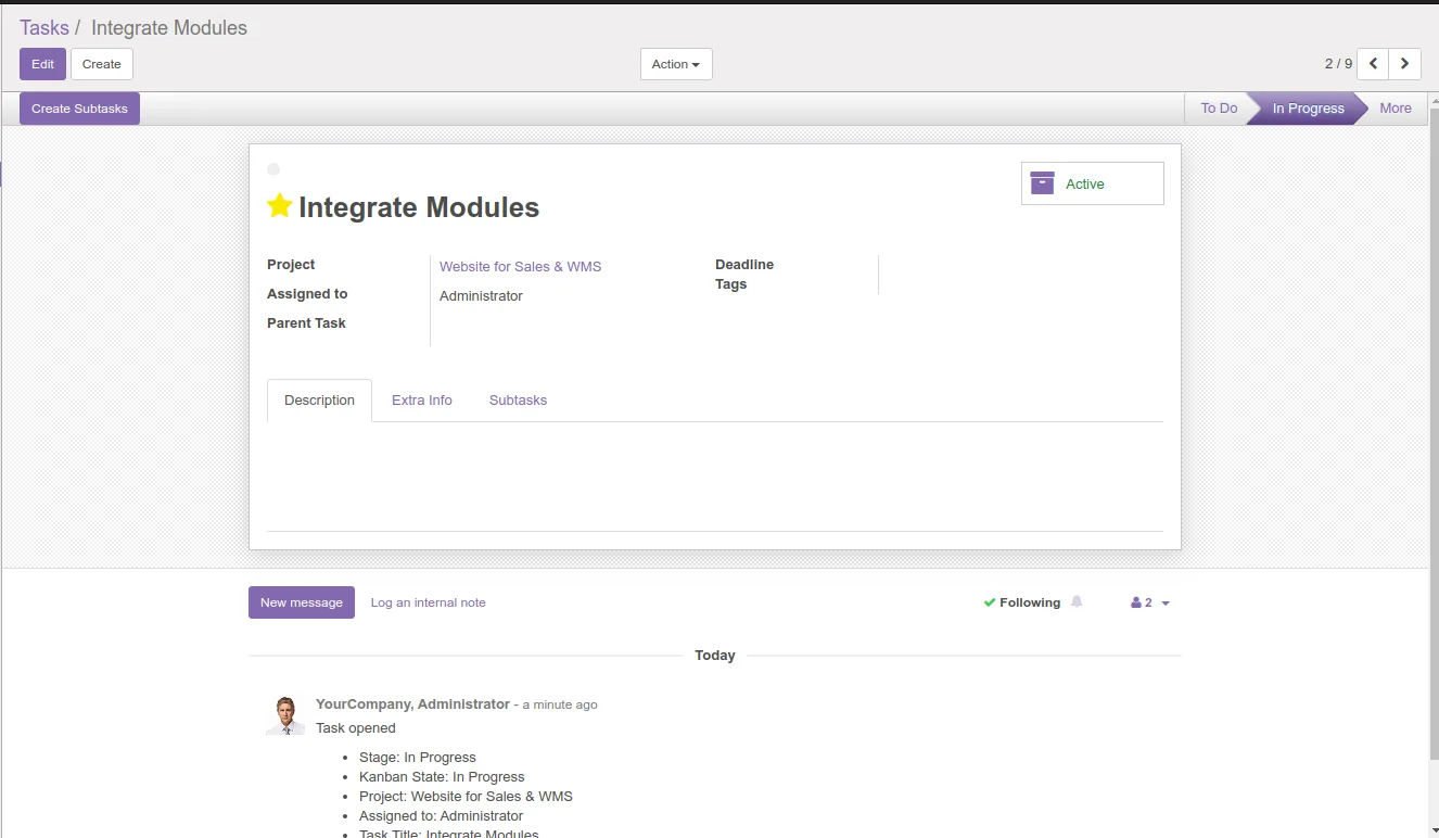 Project Subtask button surfaced on an Odoo 10.0 project view