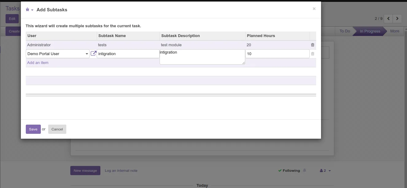 Subtask delegation wizard assigning an Odoo project subtask to a user