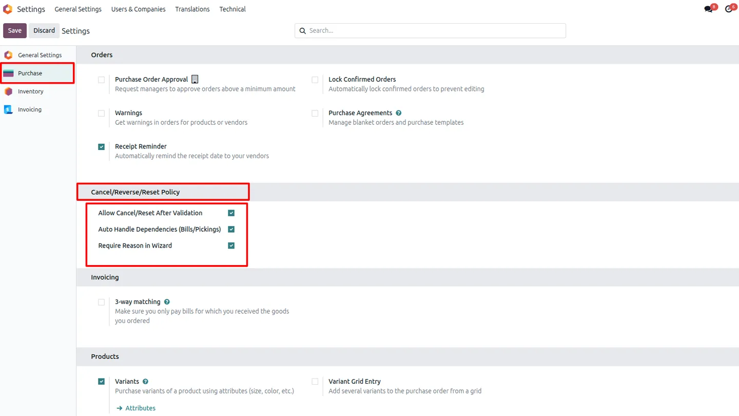 Cancel, Reverse, and Reset actions on an Odoo purchase order