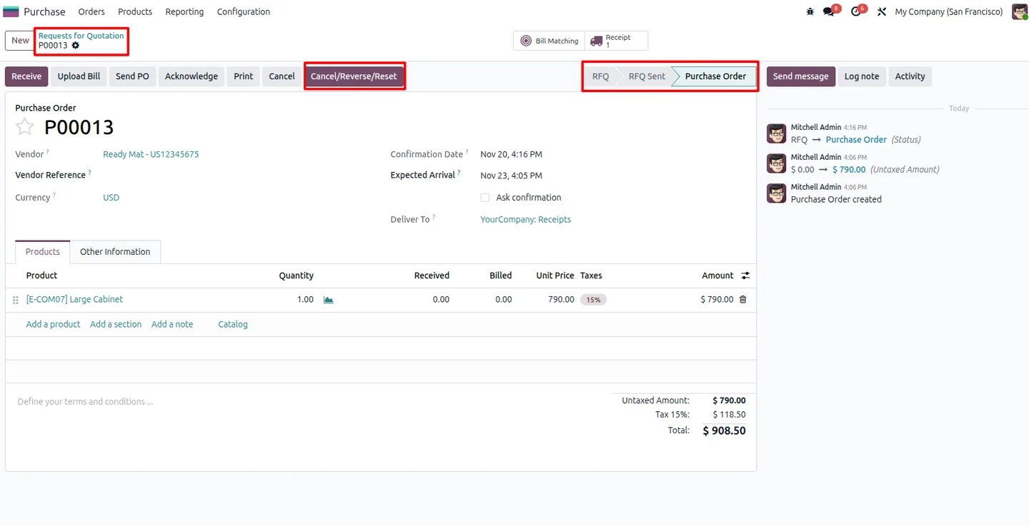 Reversing a validated receipt in Odoo purchasing