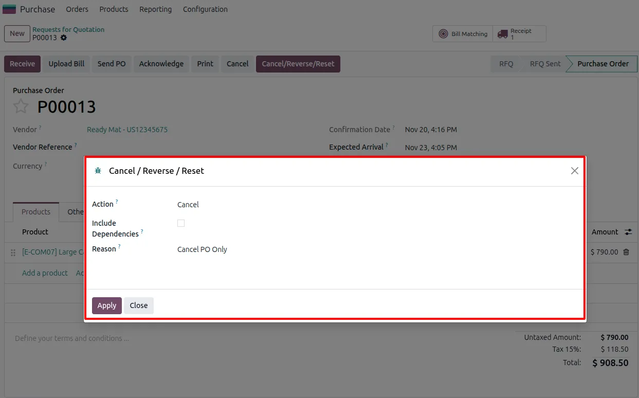 Resetting an Odoo purchase document back to the draft state