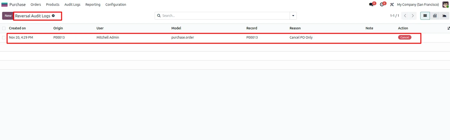 Purchase module configuration for cancel, reverse, and reset settings