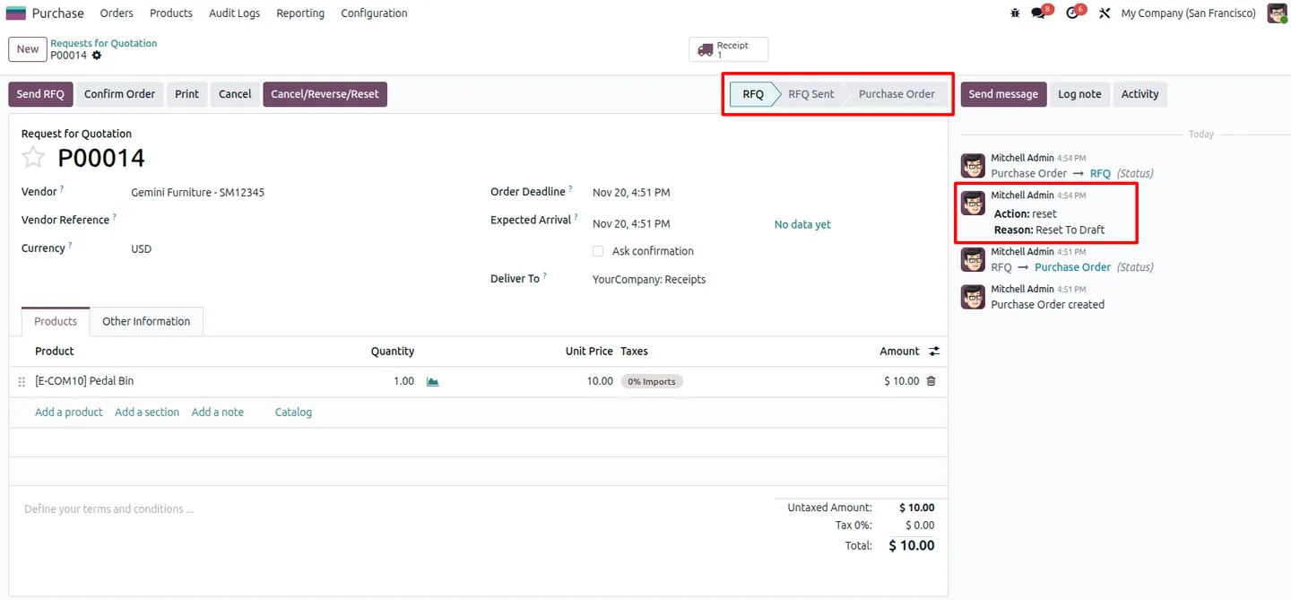 The reversal audit log listing cancel and reverse actions in Odoo