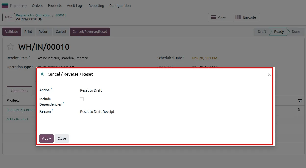 An audit log entry detailing a purchase document reversal