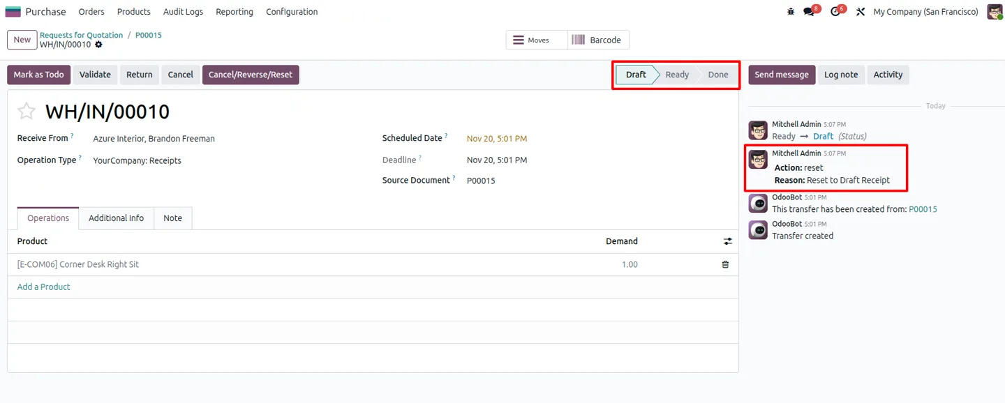 A purchase order showing its updated state after a reset to draft