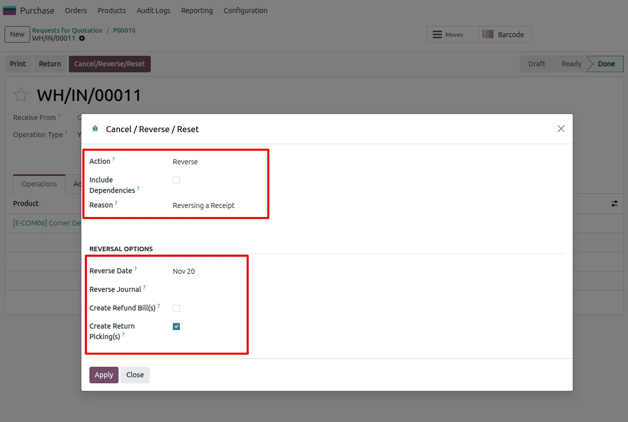 Confirming a purchase document cancellation with dependencies in Odoo