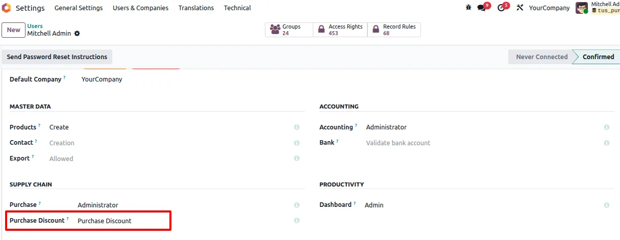 Purchase Discount access right on an Odoo user record