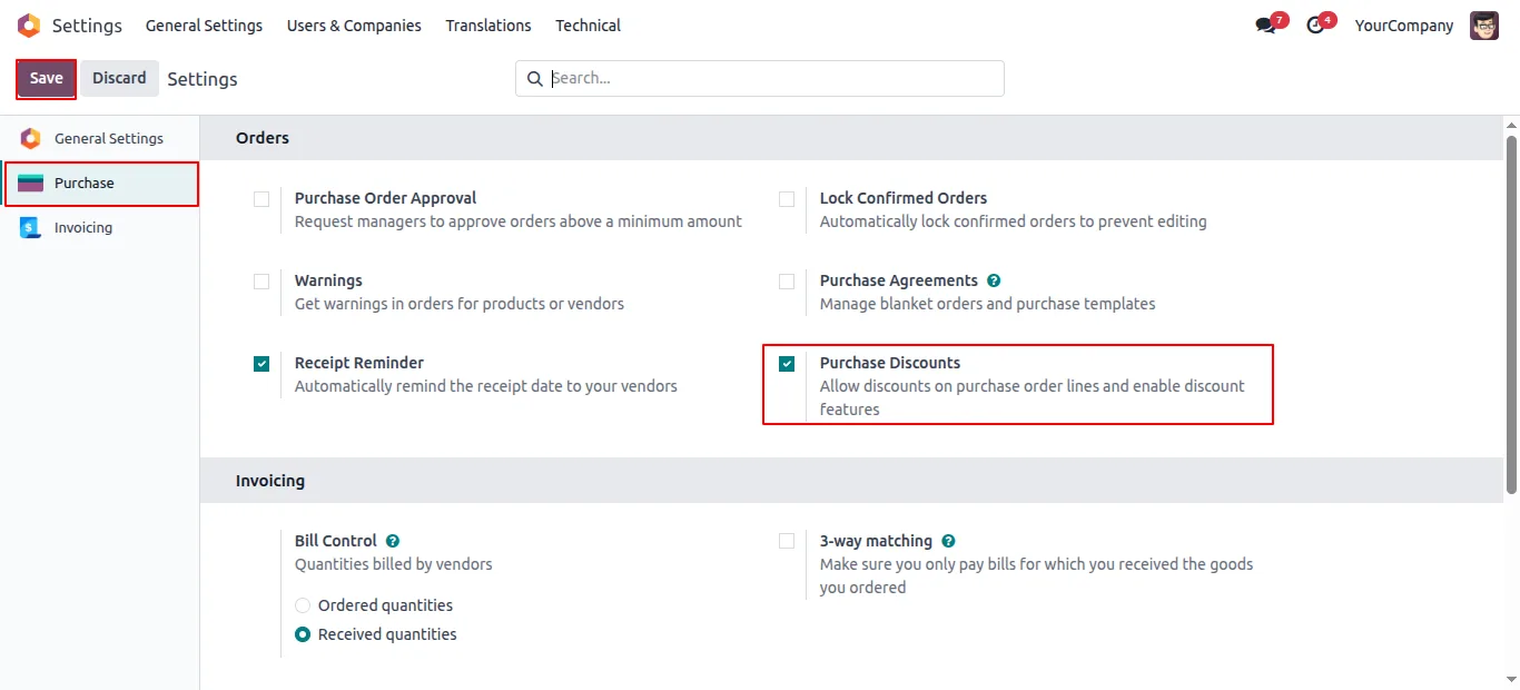 Enabling the Purchase Discount option in Odoo Purchase Settings