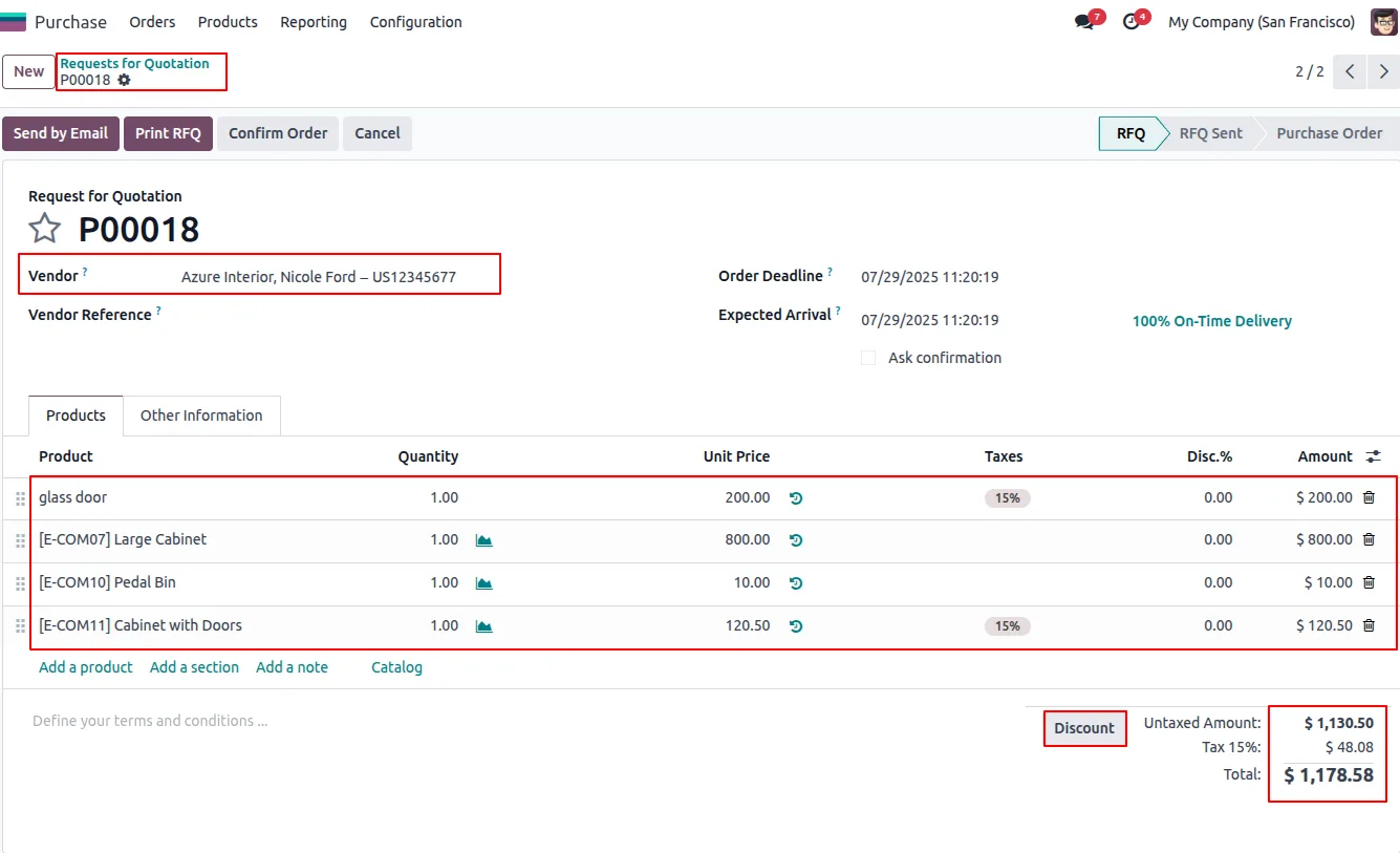 Odoo purchase order with product lines before any discount is applied