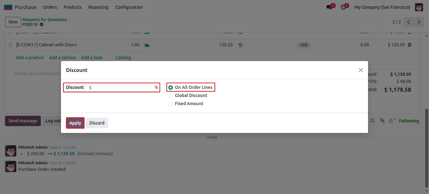 Applying a percentage discount to every line of an Odoo purchase order