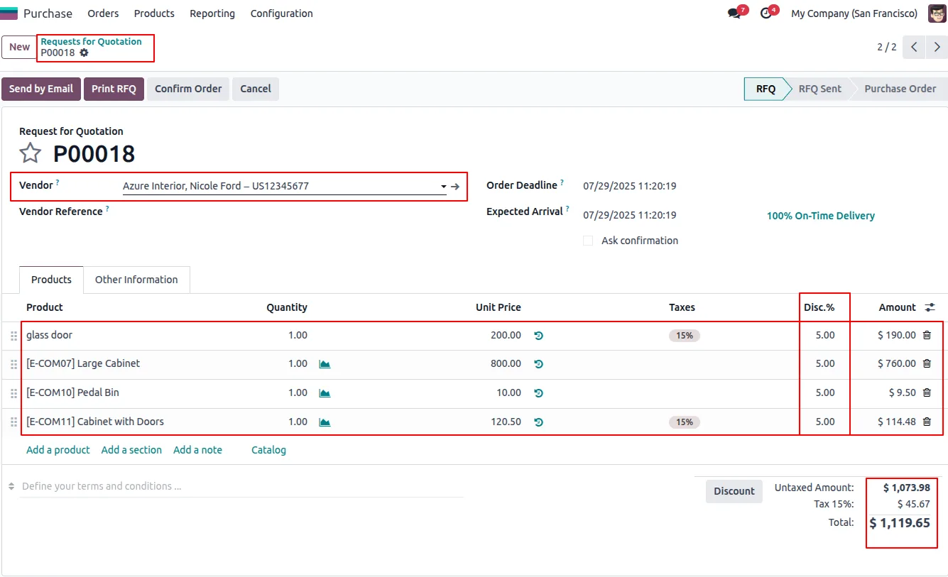 Odoo purchase order showing a per-line discount on every product