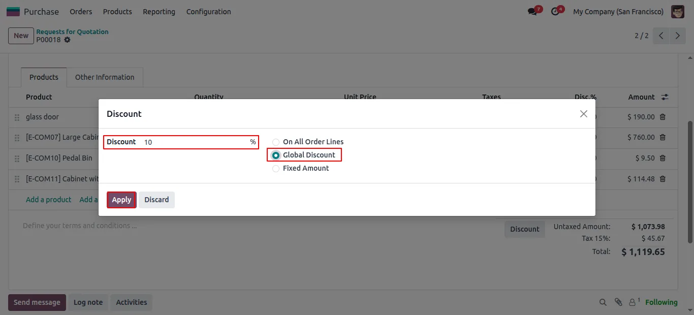 Choosing a global percentage discount on the PO subtotal in Odoo
