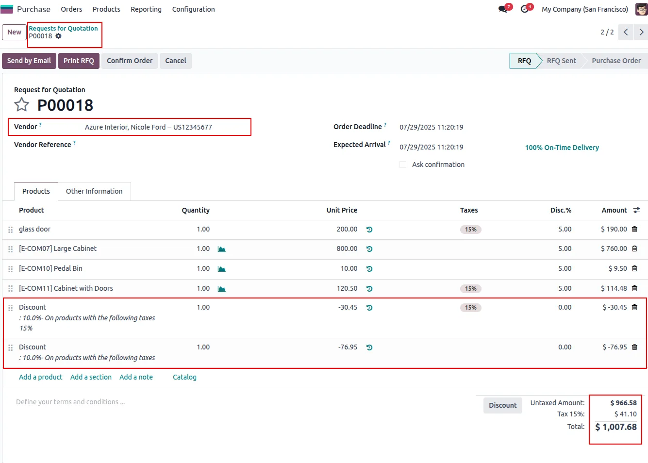 Odoo purchase order recalculated with a global discount on the subtotal