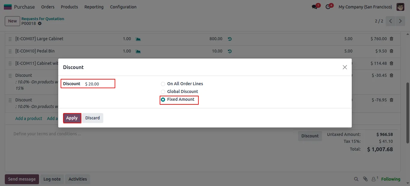 Applying a fixed-amount discount to an Odoo purchase order
