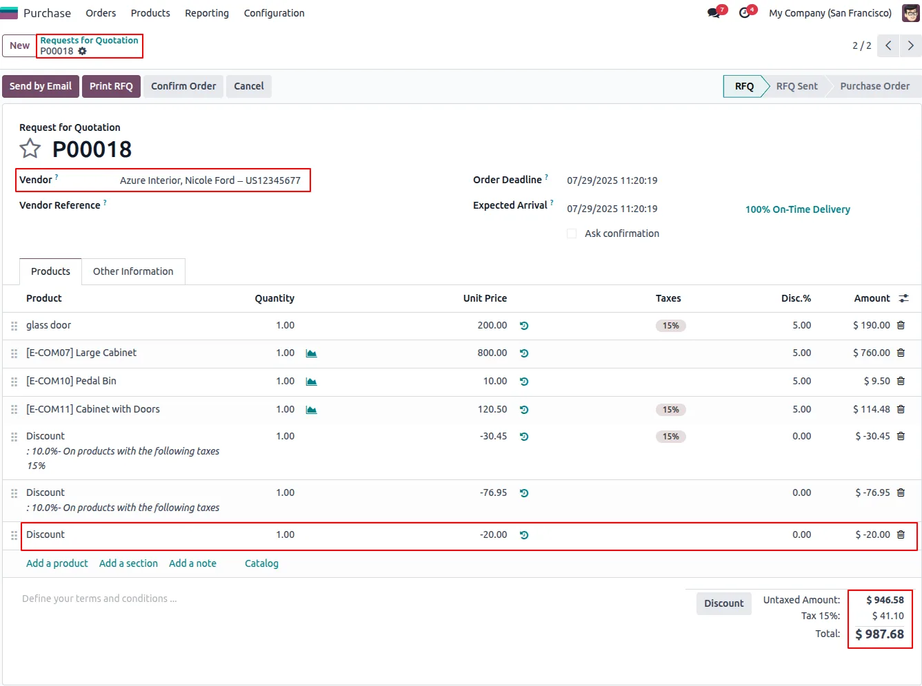 Odoo purchase order showing the total reduced by a fixed-amount discount