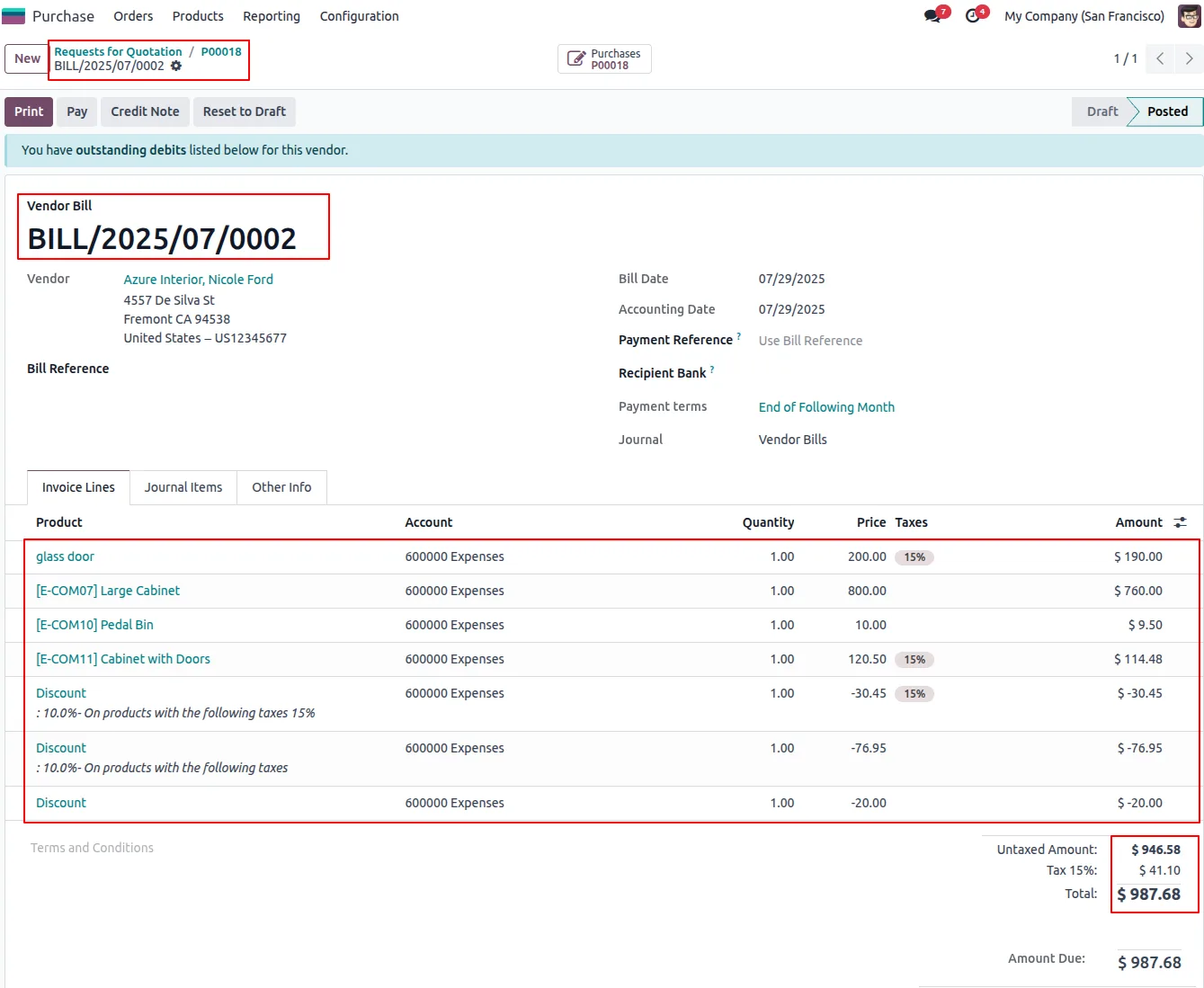 Vendor bill created from an Odoo purchase order with discount carried through