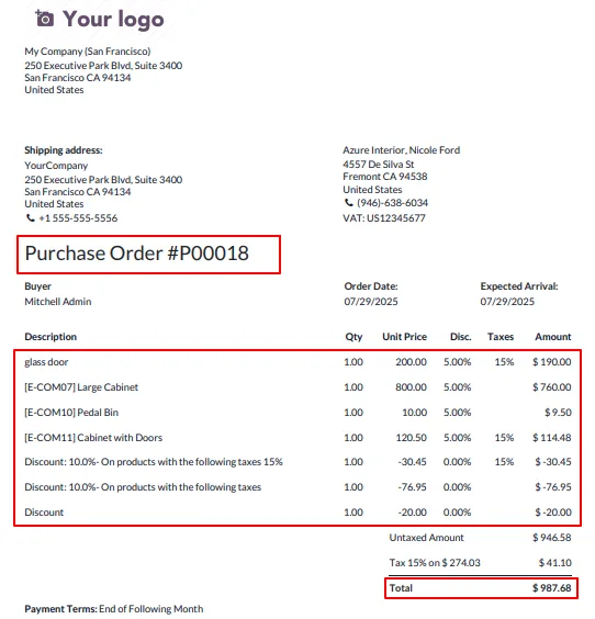 Purchase order PDF report showing the applied discount in Odoo