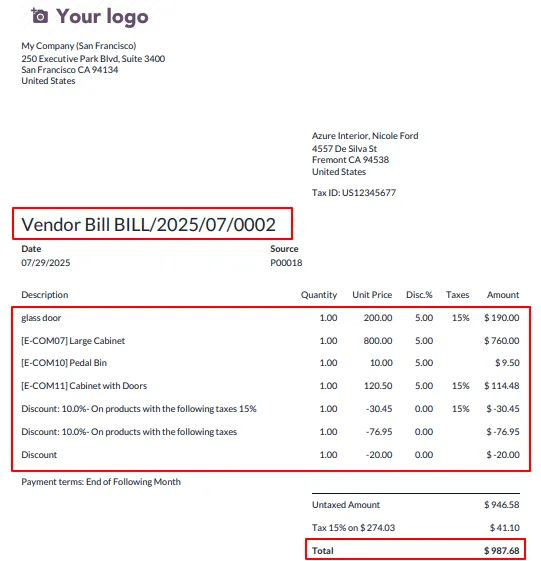Vendor bill PDF report reflecting the discount applied on the Odoo purchase order