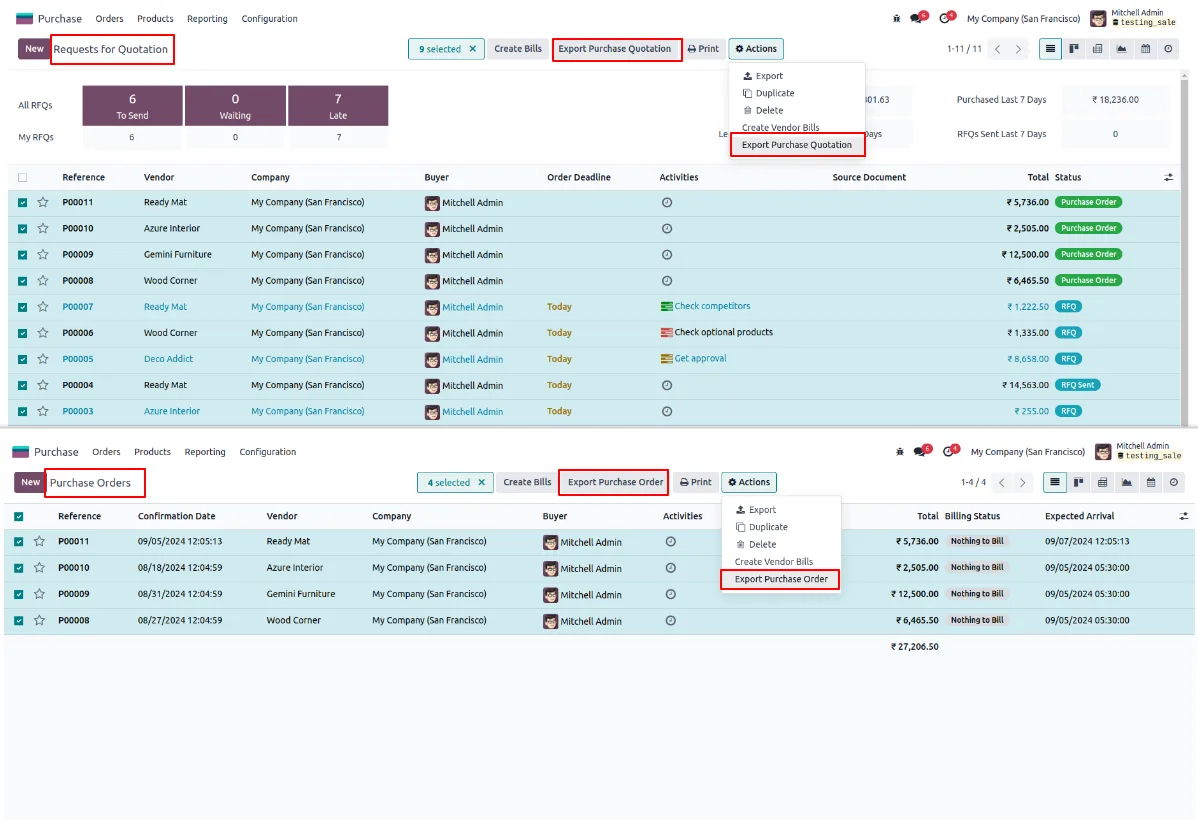 Purchase Order export button shown in the Odoo tree-view toolbar