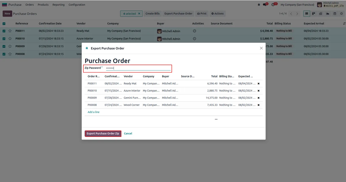 Purchase Order tree view with the Export Purchase Order action visible