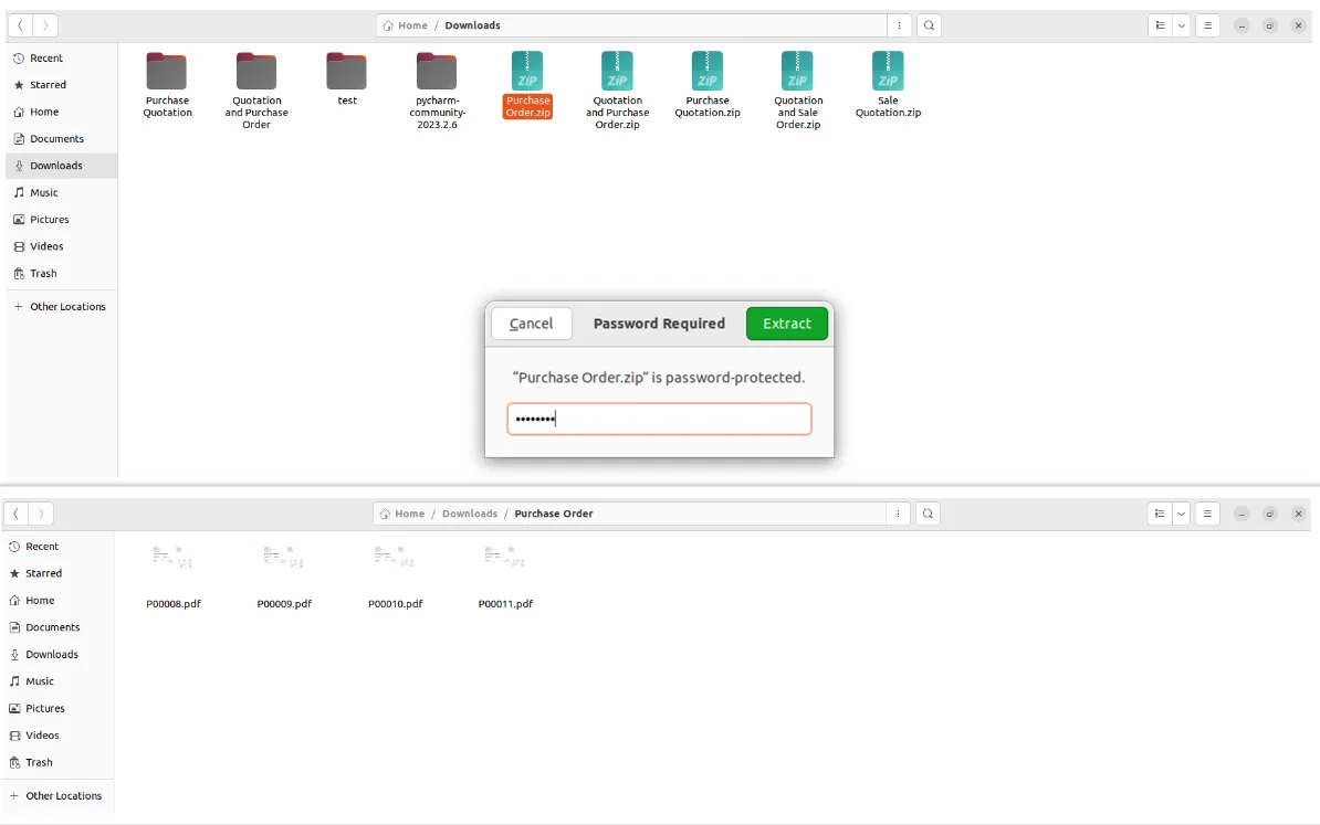 Password prompt when opening a Purchase Order ZIP archive on the desktop