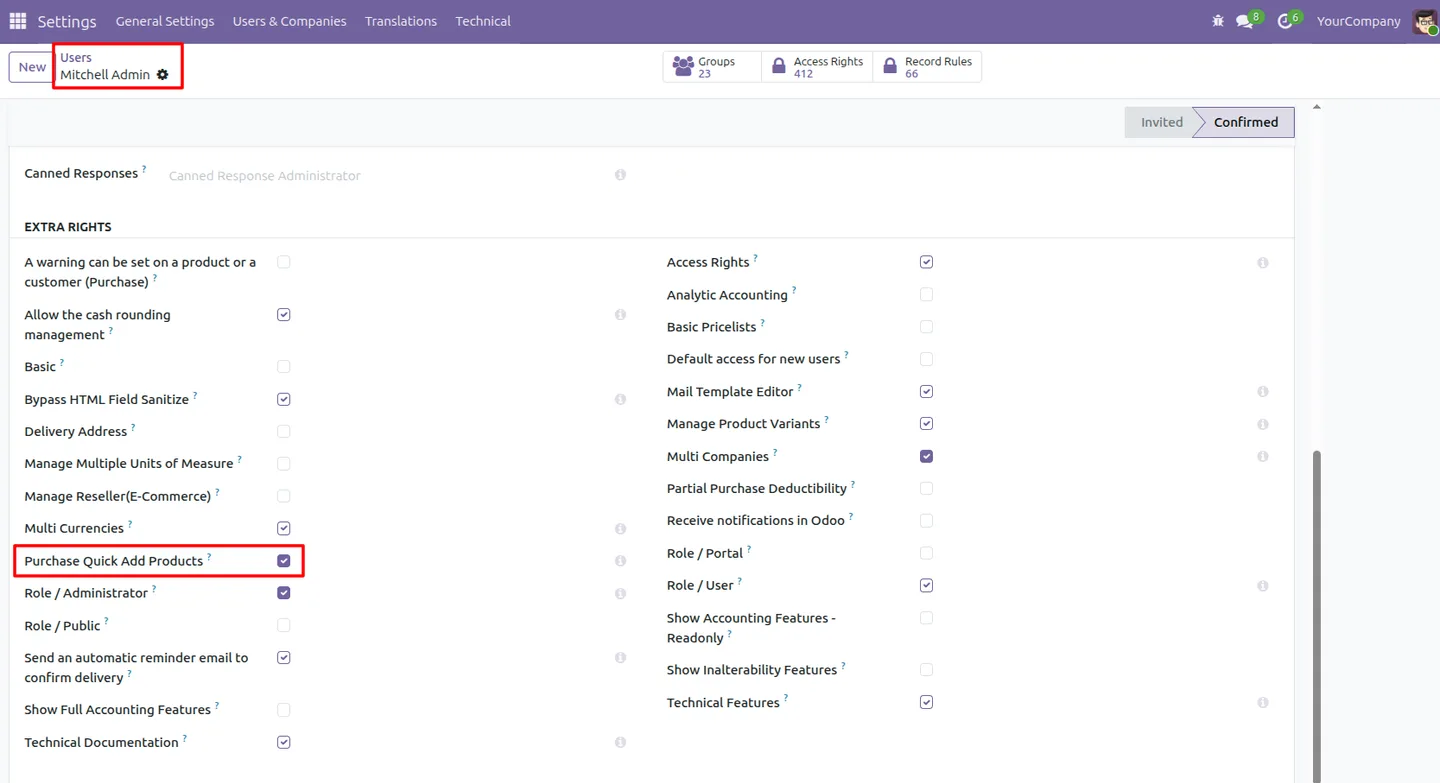 The Quick Add Products action on an Odoo purchase order