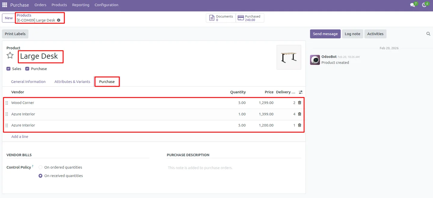 The Quick Add Products dialog open on an Odoo purchase order