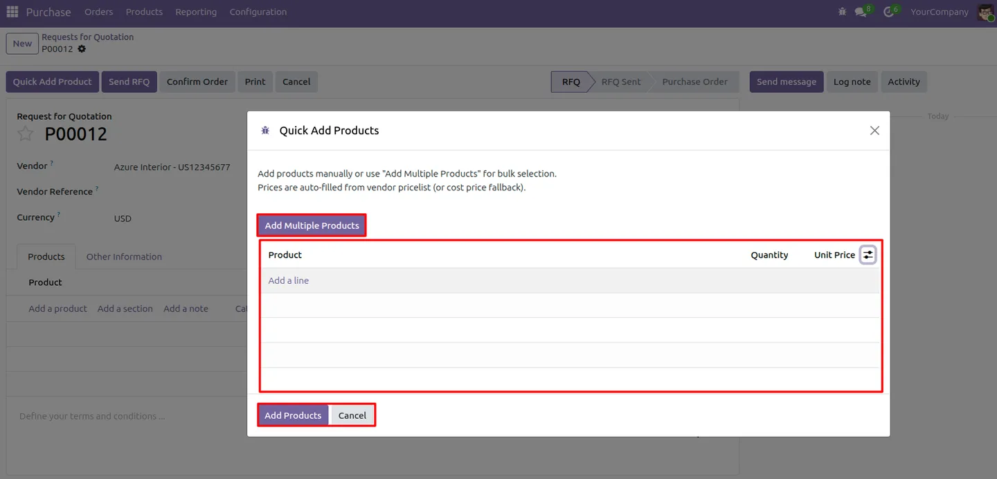 Setting quantities for several products in the Quick Add Products dialog in Odoo