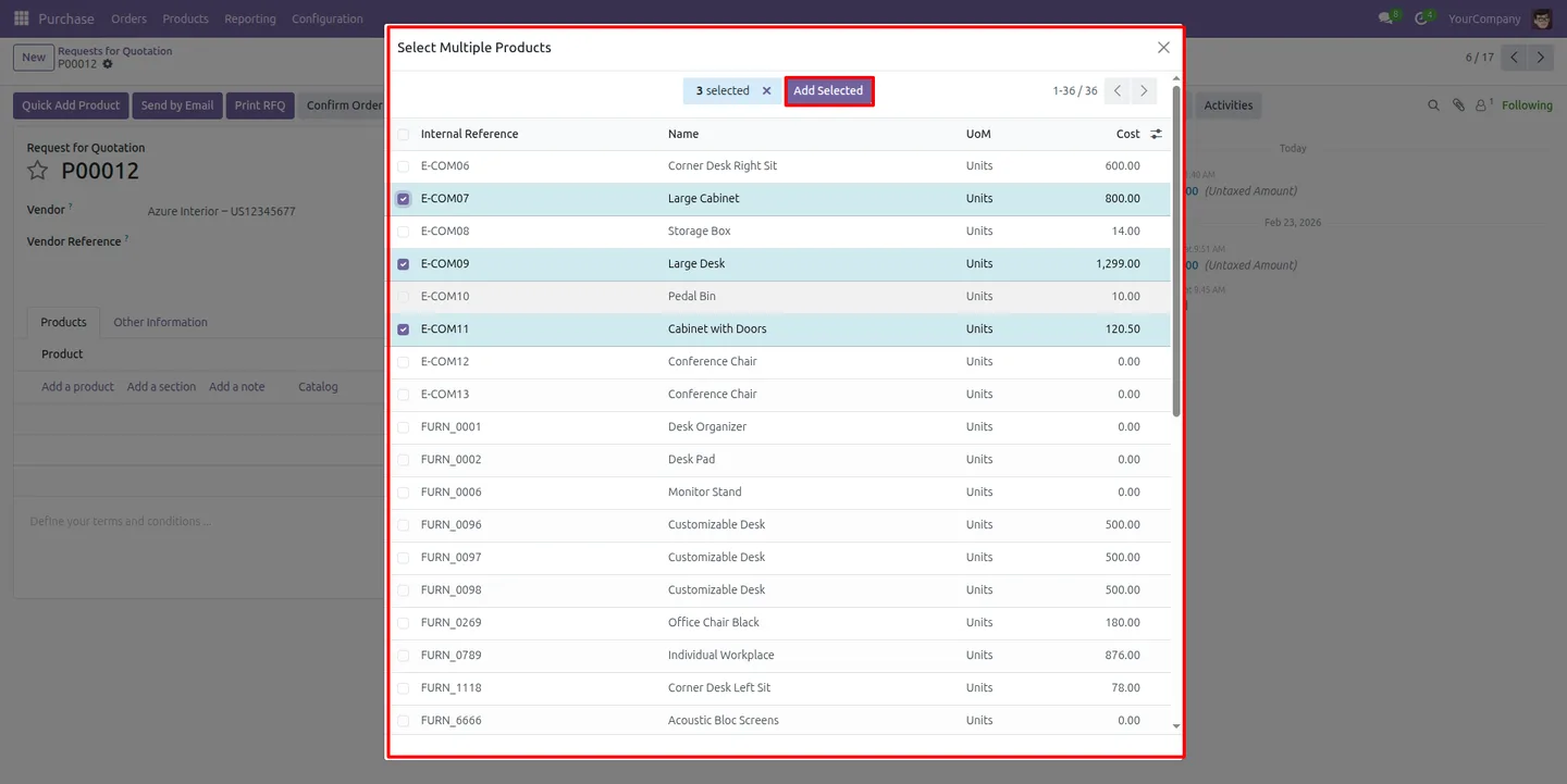 Vendor pricing applied to products added through the Quick Add dialog in Odoo