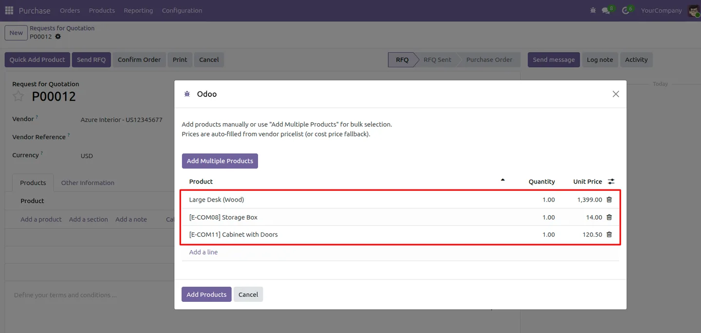 Quantity-based vendor pricing tiers applied on an Odoo purchase order