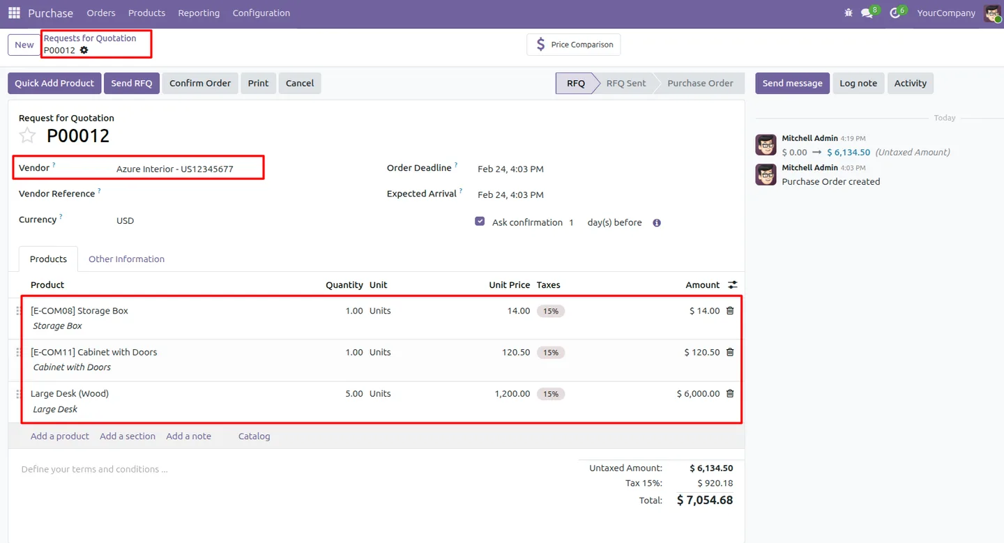 A completed Odoo purchase order with multiple products added in one step