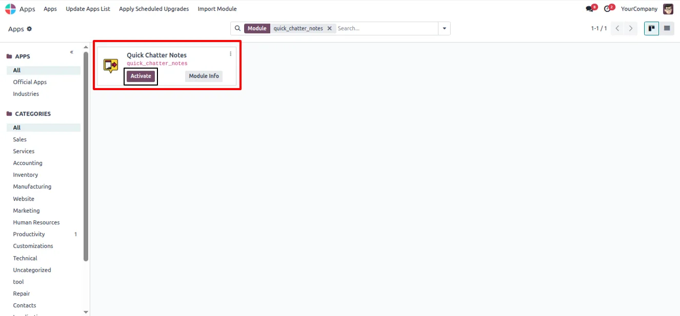 Quick Chatter Notes module listed in the Odoo Apps store, ready to install
