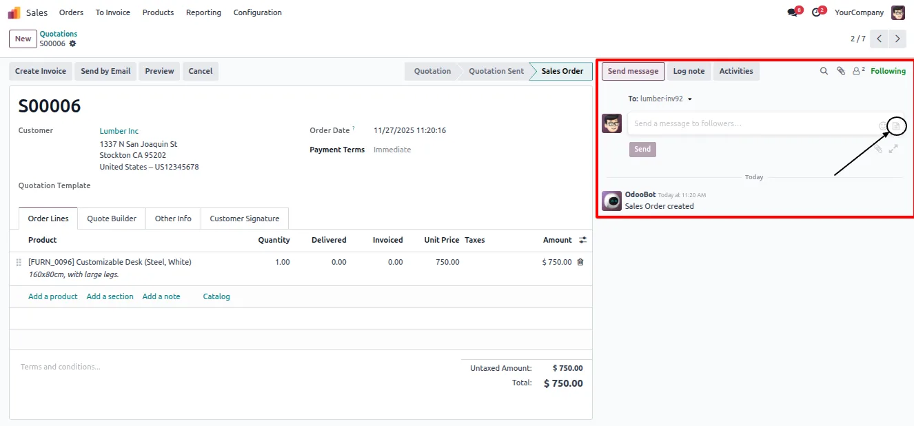 List of saved Quick Chatter Notes with index numbers in Odoo