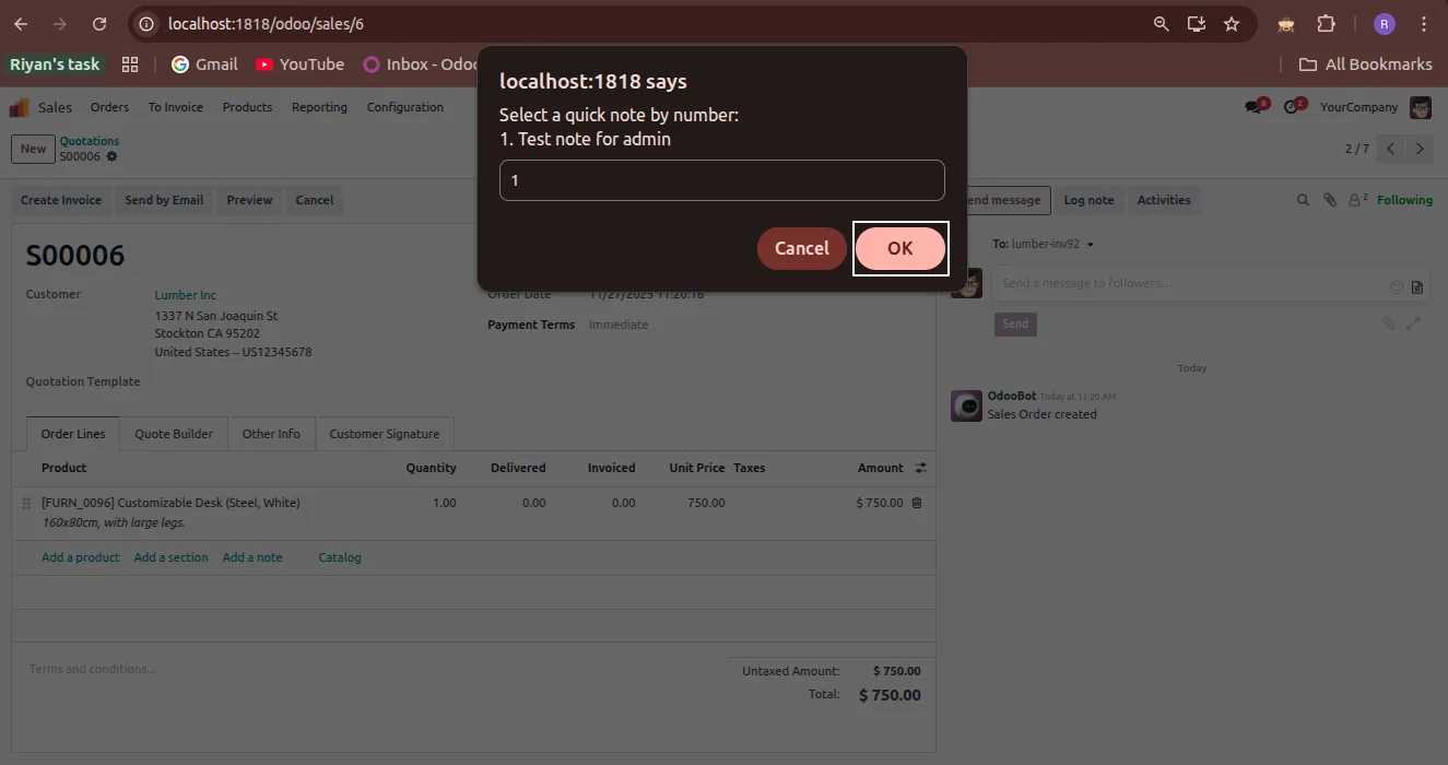 The Quick Chatter Notes icon beside the emoji button in an Odoo chatter window