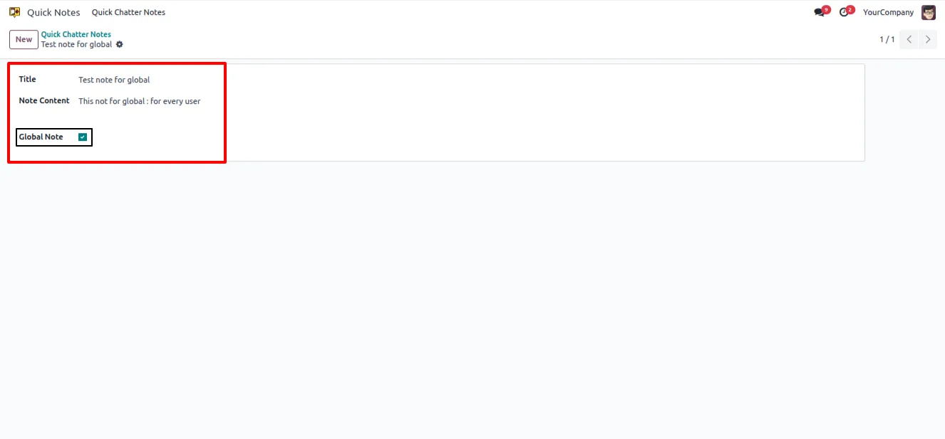 Entering a note index number to insert its content into the Odoo chatter