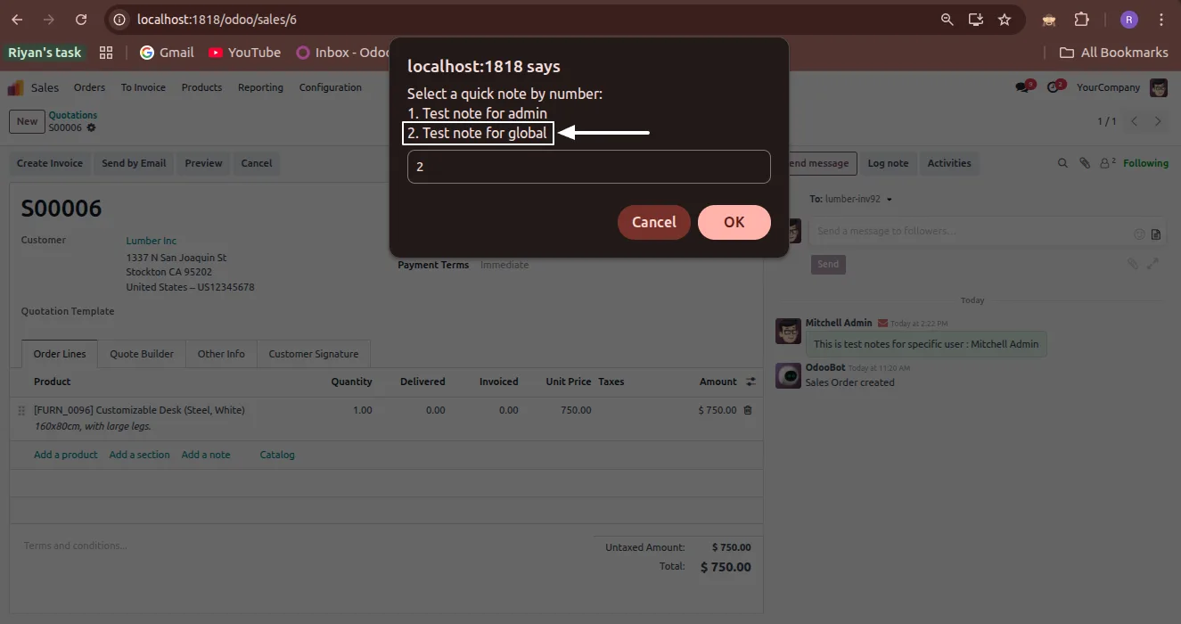 Note content typed automatically into a chatter message by Quick Chatter Notes