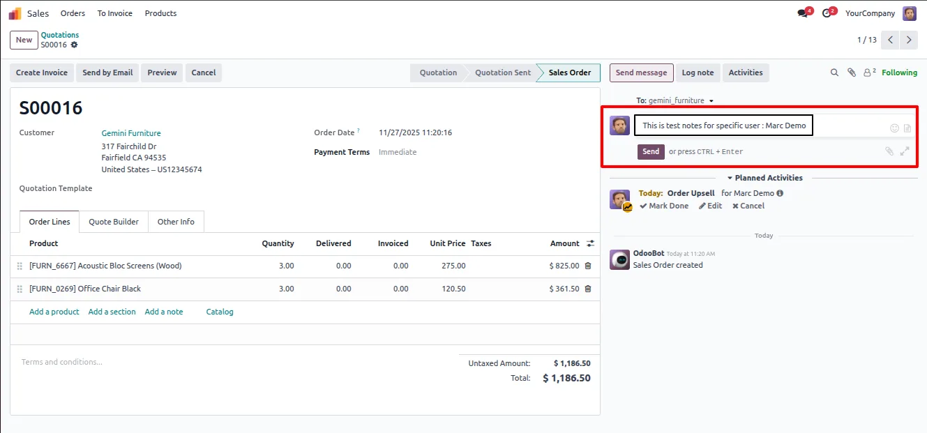 A reusable note inserted into an Odoo record's chatter for consistent messaging