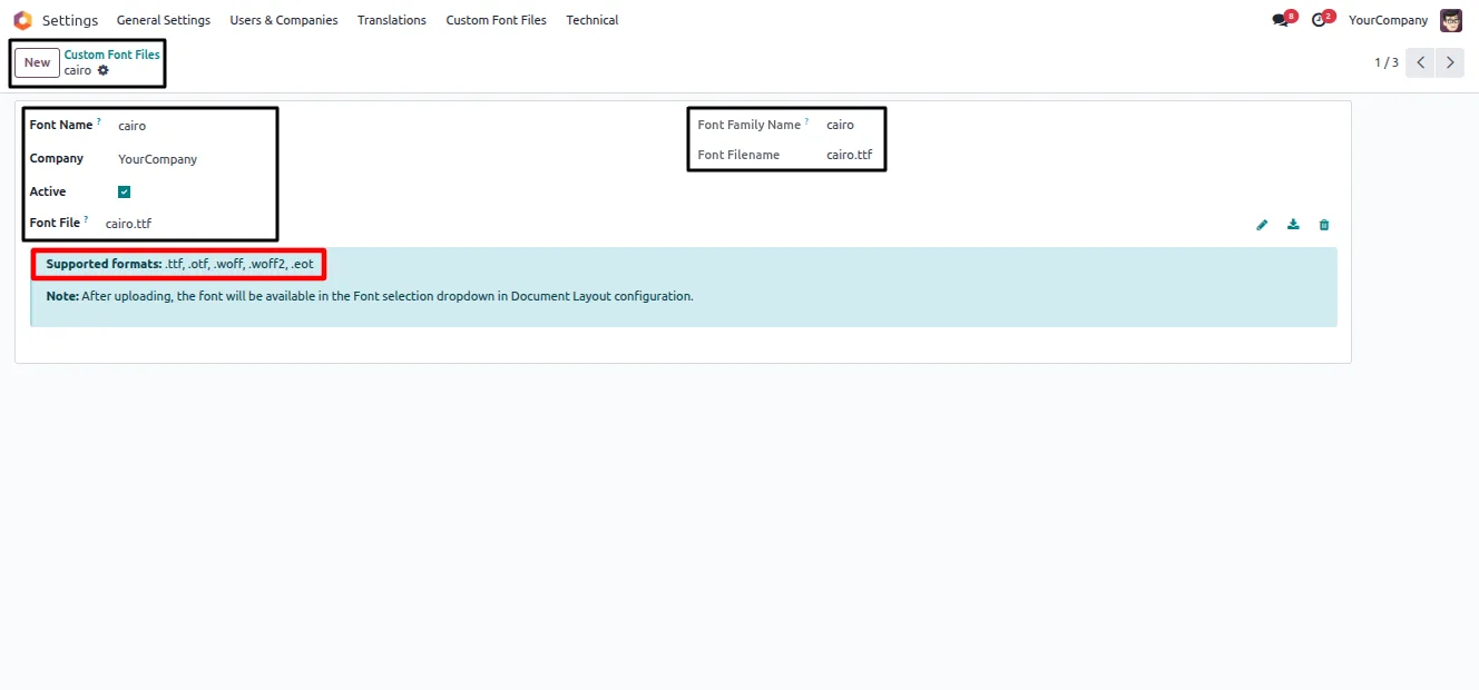 The Custom Font Files menu added under Odoo Settings