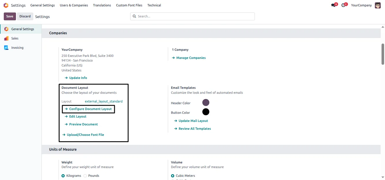 Creating a custom font record with name and company in Odoo